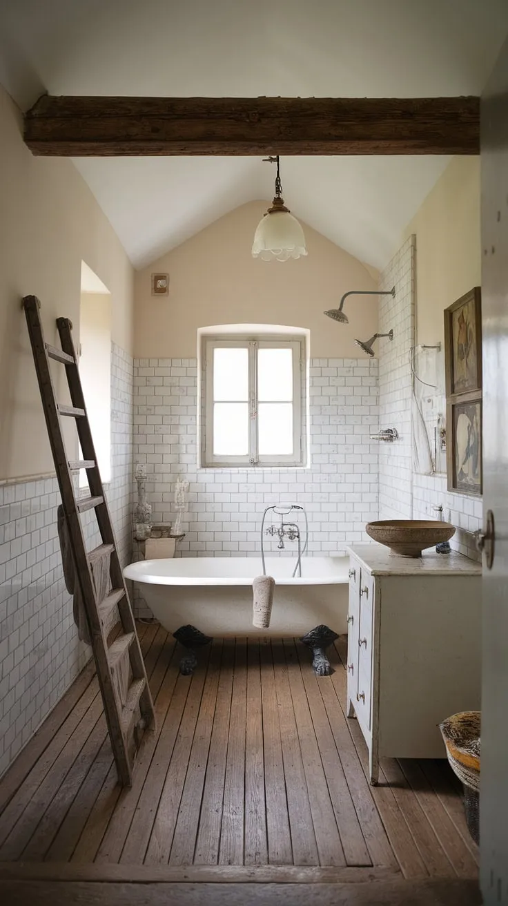 Escape to this idyllic rustic bathroom, a delightful mix of French country and British cottage styles.  The aged wooden planks, vintage light fixture, and charming details transform this farmhouse bathroom into a tranquil sanctuary.  This cottage bathroom offers a unique blend of country bathroom charm and refined simplicity.