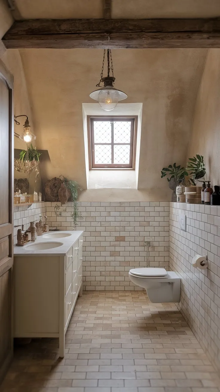 Step into the heart of a rustic bathroom, where French country style meets British cottage coziness. This country bathroom's warm tones and thoughtful details—from the aged wood beam to the quaint window—transform daily routines into moments of serenity. A true farmhouse bathroom escape.
