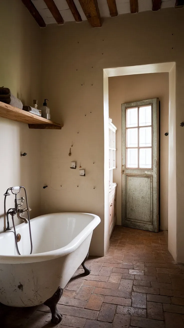 Step into the tranquility of this charming French country bathroom, a perfect blend of rustic elegance and cottage charm.  The space evokes the warmth of a British cottage bathroom, with farmhouse details adding a touch of rustic sophistication.