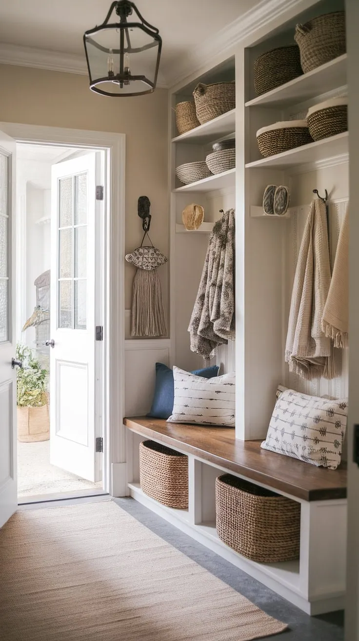 The perfect fusion of French Country elegance and New England practicality. This aesthetic entryway design effortlessly combines Parisian farmhouse entryway charm with cottage entryway decor, creating a neutral country decor haven in a French country entryway and new England mudroom.  Antique home decor adds a touch of timeless sophistication.