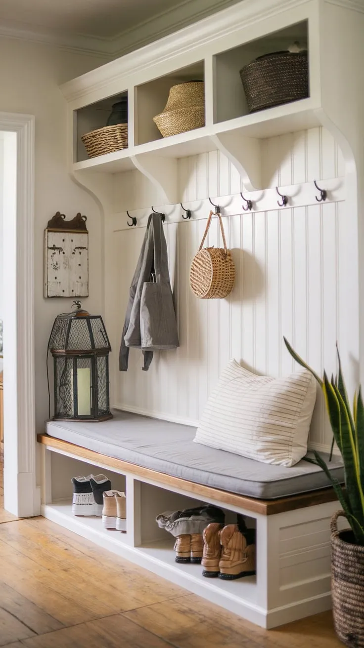 Step into a blend of French Country charm and New England practicality. This aesthetic entryway design, a charming fusion of a Parisian farmhouse entryway and a cozy cottage entryway decor, showcases neutral country decor with antique home decor accents.  The result? A welcoming French inspired foyer that feels both elegant and lived-in, perfect for shedding muddy boots or greeting guests in style.