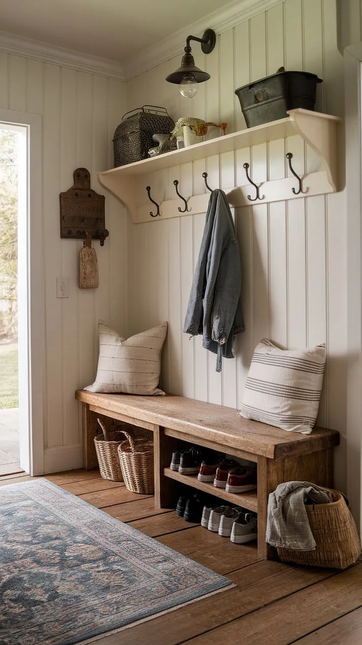 This aesthetic entryway design seamlessly marries the rustic appeal of a New England mudroom with the elegant simplicity of a French country entryway.  The antique home decor, neutral country decor, and thoughtful details like the coat rack and shoe basket create a functional and inviting Parisian farmhouse entryway, perfect for a cozy cottage entryway decor.
