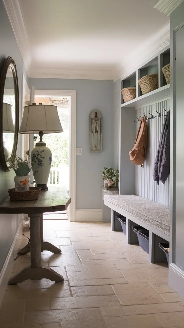 The perfect fusion of French Country and New England styles. This aesthetic entryway design boasts a neutral country decor palette, incorporating antique home decor for a touch of history.  Imagine stepping into a Parisian farmhouse entryway, yet with the practicality of a New England mudroom, all within the cozy embrace of a cottage entryway.