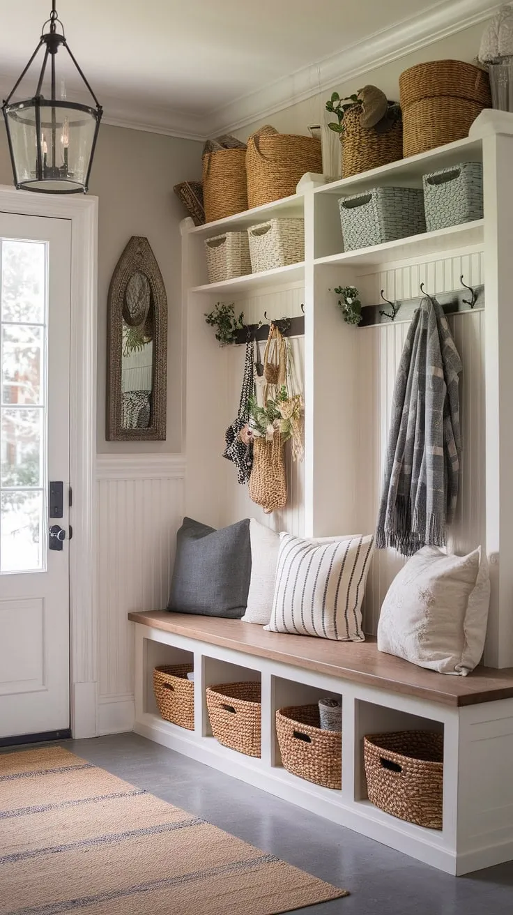 The perfect fusion of French Country elegance and New England practicality. This aesthetic entryway design boasts a neutral country decor palette, antique home decor pieces, and a charming blend of Parisian farmhouse entryway and cottage entryway decor elements, creating a truly captivating French country entryway and New England mudroom.