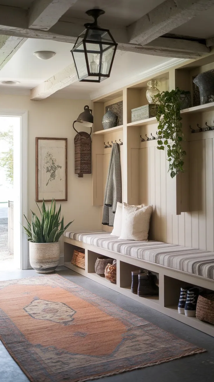 Step into a tranquil haven where a French country entryway seamlessly transitions into a New England mudroom. This aesthetic entryway design showcases the beauty of neutral country decor, featuring antique home decor and thoughtful details like a striped bench cushion and a charming wall-mounted coat rack. The perfect blend of Parisian farmhouse entryway and cottage entryway decor.