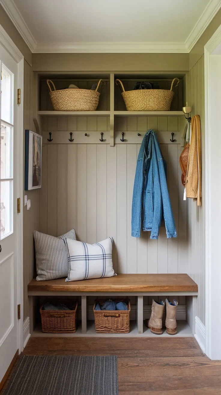 This New England mudroom seamlessly transitions into a French country entryway, showcasing the best of both worlds.  The neutral color palette and thoughtful details, including a cozy bench and antique home decor, create a welcoming and stylish aesthetic entryway design.  This French-inspired foyer is the epitome of Parisian farmhouse entryway charm, perfectly embodying a rustic yet refined cottage entryway decor.