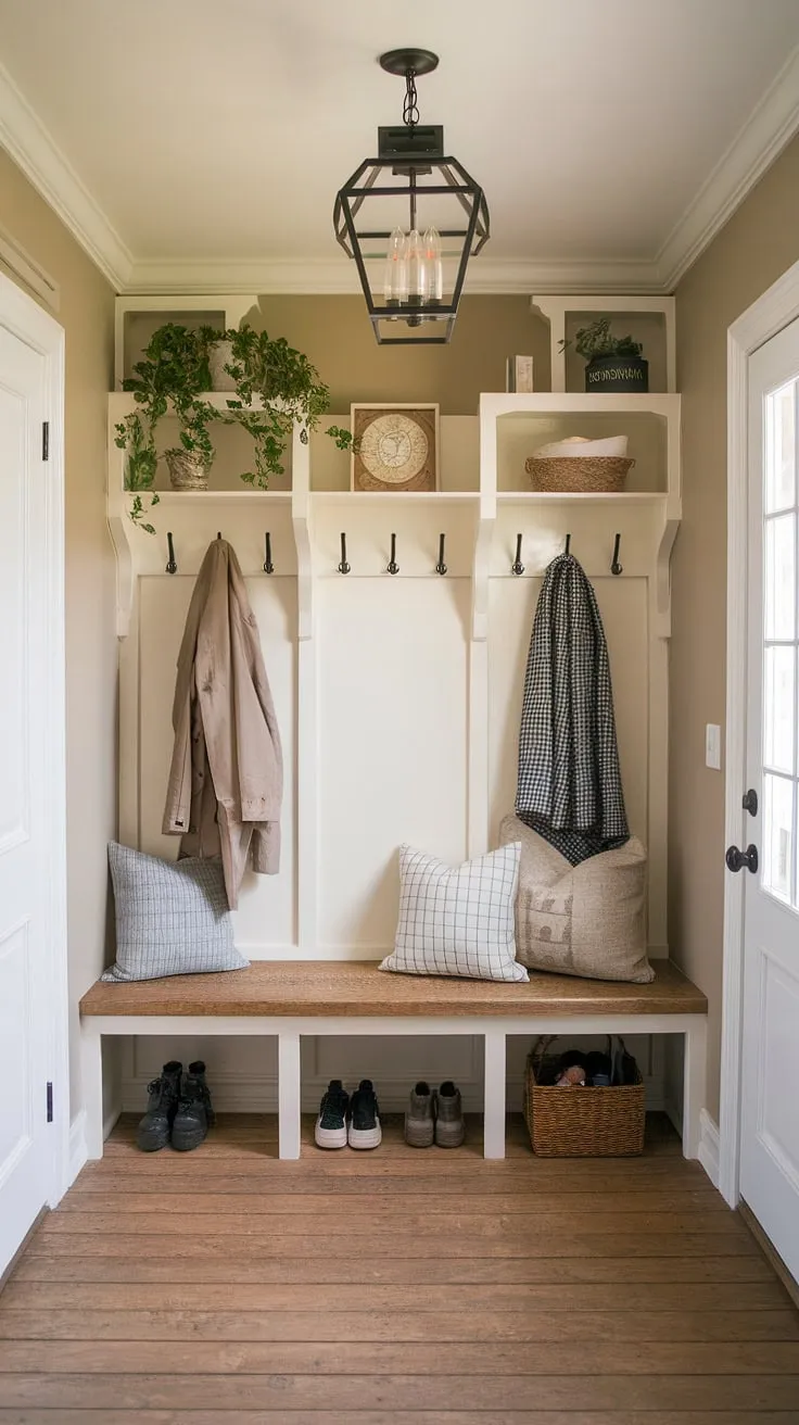 Step into a charming blend of French Country and New England charm. This aesthetic entryway design, with its Parisian farmhouse entryway feel, showcases neutral country decor and antique home decor, creating a welcoming cottage entryway that's both sophisticated and cozy.  The space effortlessly transitions from a French inspired foyer to a practical New England mudroom.