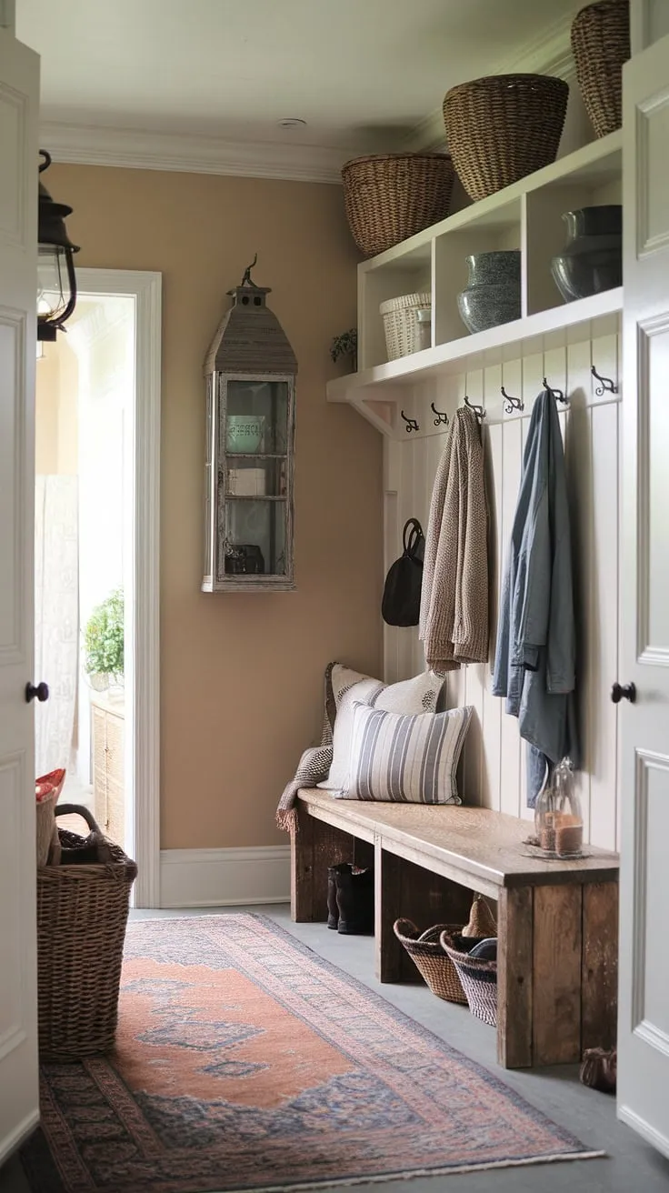 Step into a blend of French country charm and New England practicality. This aesthetic entryway design, a charming fusion of a French inspired foyer and a cozy cottage entryway decor, showcases the beauty of neutral country decor.  Antique home decor pieces add character to this Parisian farmhouse entryway, transforming a simple mudroom into a welcoming and stylish space.