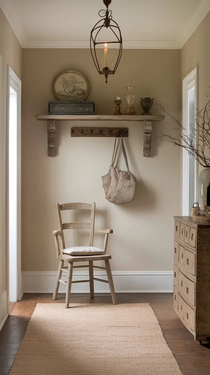 This French country entryway seamlessly merges New England style with Parisian farmhouse influences.  The neutral country decor and antique home decor create a serene cottage entryway, while the aesthetic entryway design offers a warm and inviting welcome.  A perfect example of a thoughtfully curated French inspired foyer and a cozy New England mudroom.