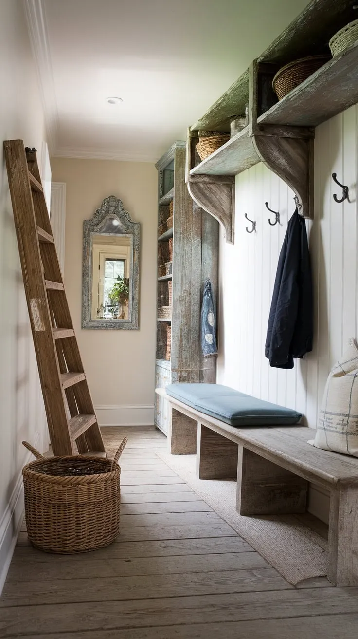 Step into a charming blend of French Country and New England charm. This aesthetic entryway design, a perfect fusion of Parisian farmhouse and cottage entryway decor, welcomes you with its neutral country decor and antique home decor accents.  The space effortlessly transitions from a French inspired foyer to a practical New England mudroom, creating a truly inviting and stylish entrance.