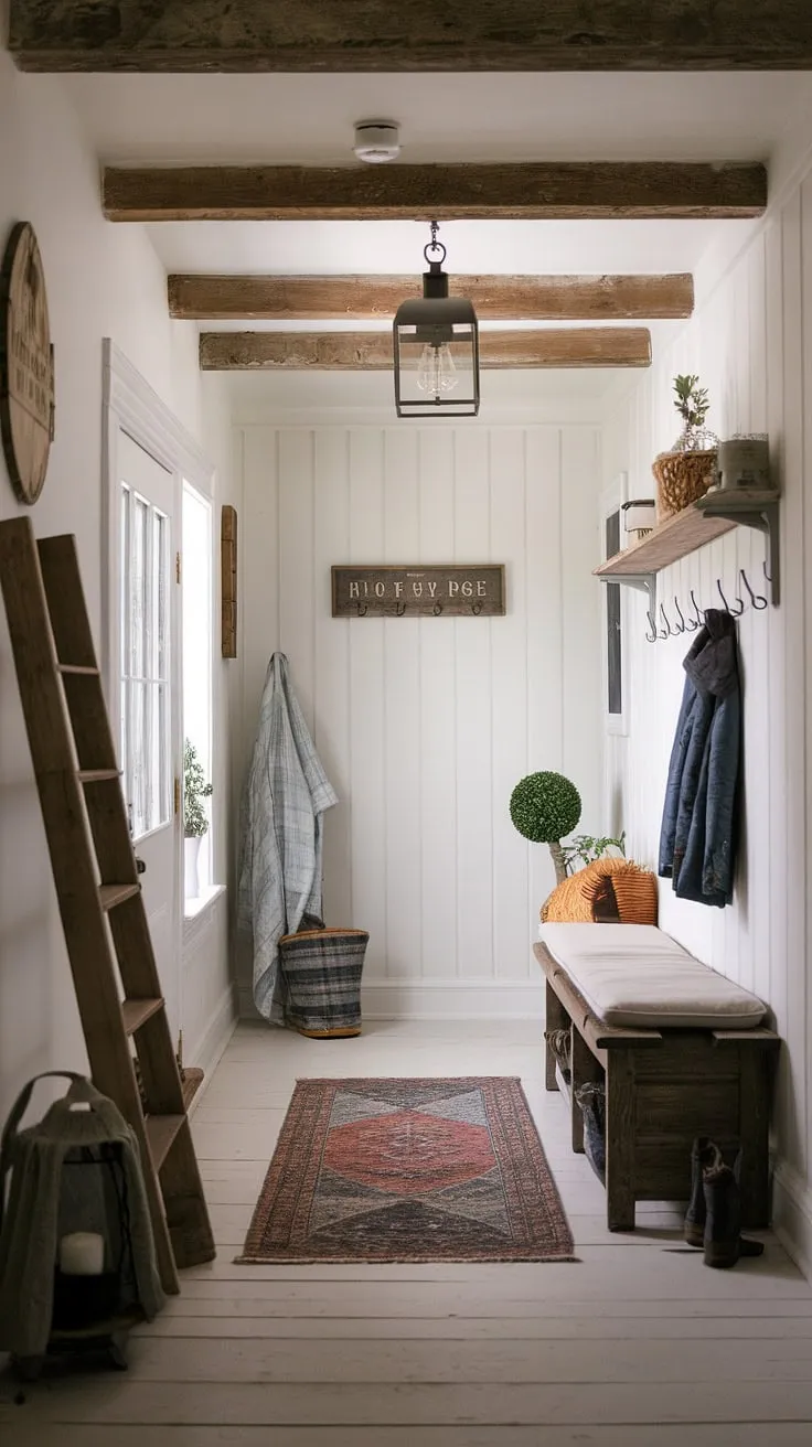 Where French country charm meets New England practicality. This Parisian farmhouse entryway, with its rustic wooden bench and antique home decor, seamlessly blends the aesthetic entryway design of a cozy cottage entryway decor and a functional New England mudroom.  The neutral country decor creates a welcoming atmosphere, perfect for shedding coats and boots before stepping into the heart of the home.