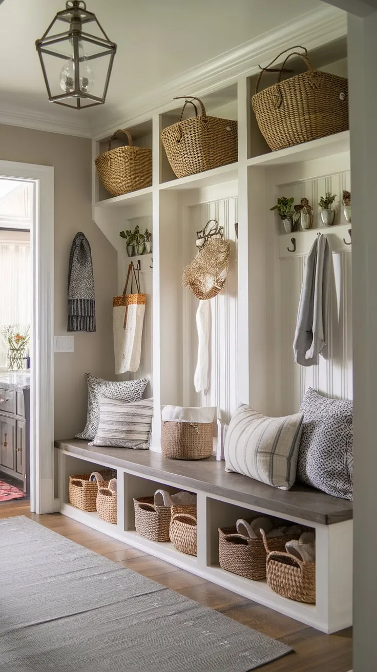 The perfect fusion of French Country and New England charm. This aesthetic entryway design, a delightful mix of Parisian farmhouse entryway and cottage entryway decor, features neutral country decor and antique home decor, transforming a simple mudroom into a captivating French country entryway.