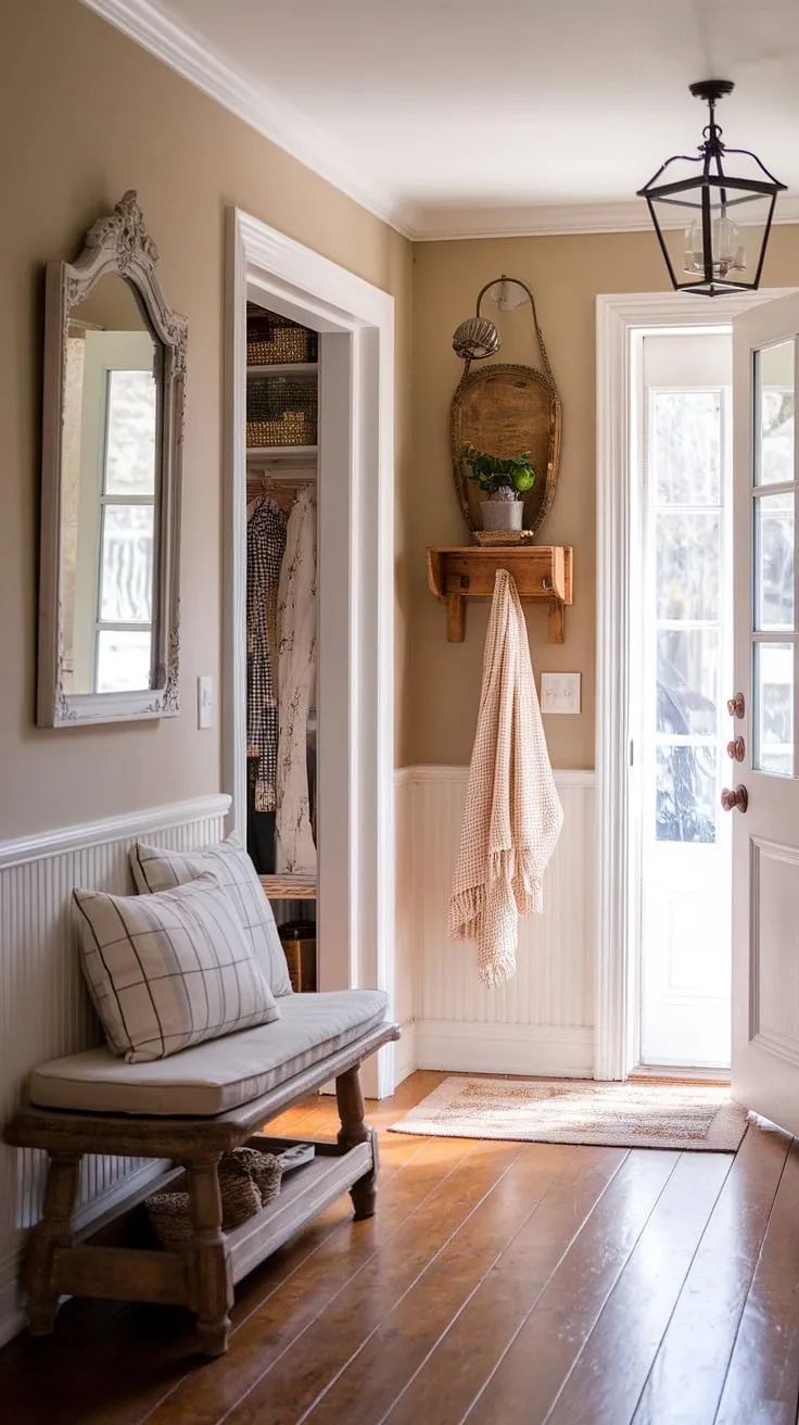 A harmonious fusion of French country elegance and New England practicality. This aesthetic entryway design seamlessly combines a French country entryway with a New England mudroom, showcasing a Parisian farmhouse entryway aesthetic.  Neutral country decor and cottage entryway decor create a warm and inviting space, complete with antique home decor and a comfortable wooden bench.