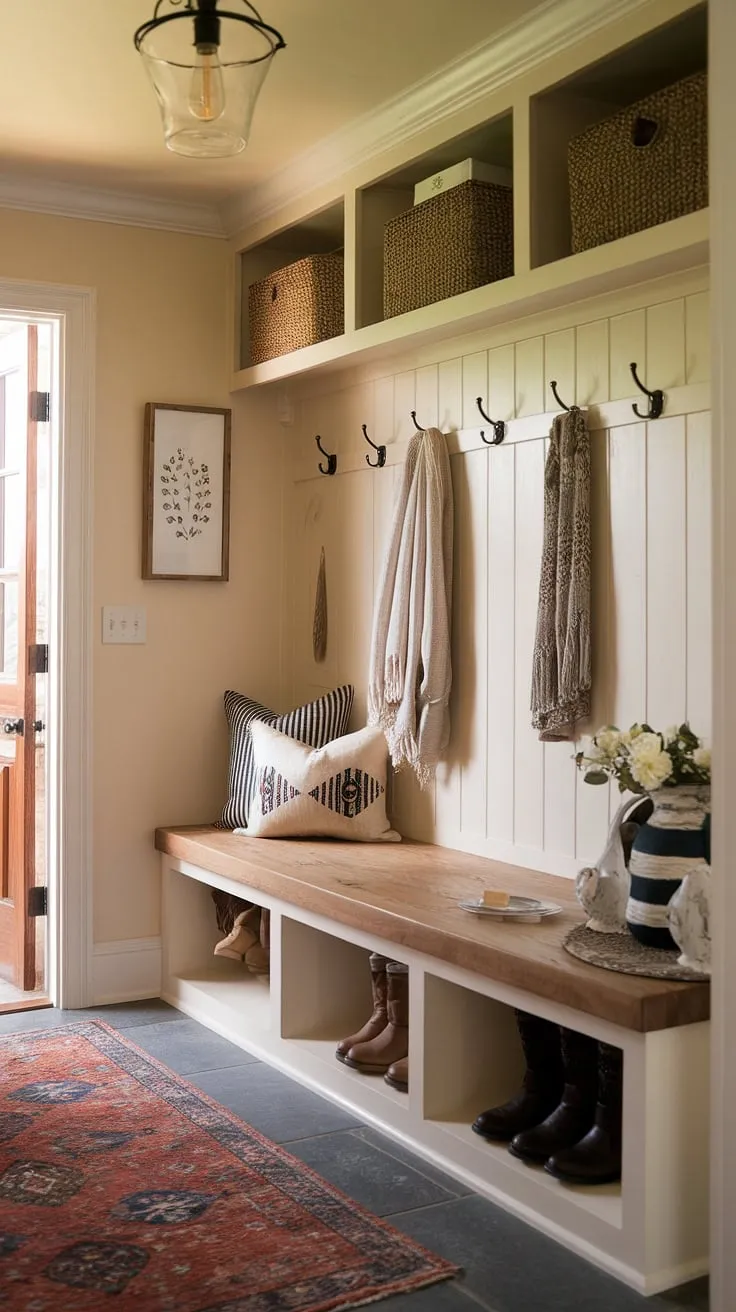 A dreamy French country entryway, reimagined with New England charm. This cottage entryway decor features a sophisticated mix of neutral country decor and antique home decor, creating a Parisian farmhouse entryway that's both inviting and refined.  The aesthetic entryway design seamlessly blends the practicality of a mudroom with the timeless elegance of a French inspired foyer.