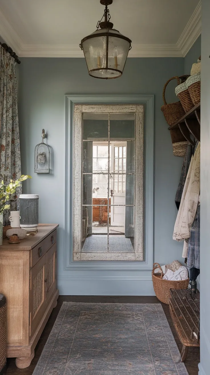 Step into a blend of French Country charm and New England practicality. This aesthetic entryway design, a charming fusion of a Parisian farmhouse entryway and a cozy cottage entryway decor, showcases neutral country decor with antique home decor accents.  The result? A welcoming French inspired foyer that feels both elegant and lived-in, perfect for shedding muddy boots or greeting guests in style.