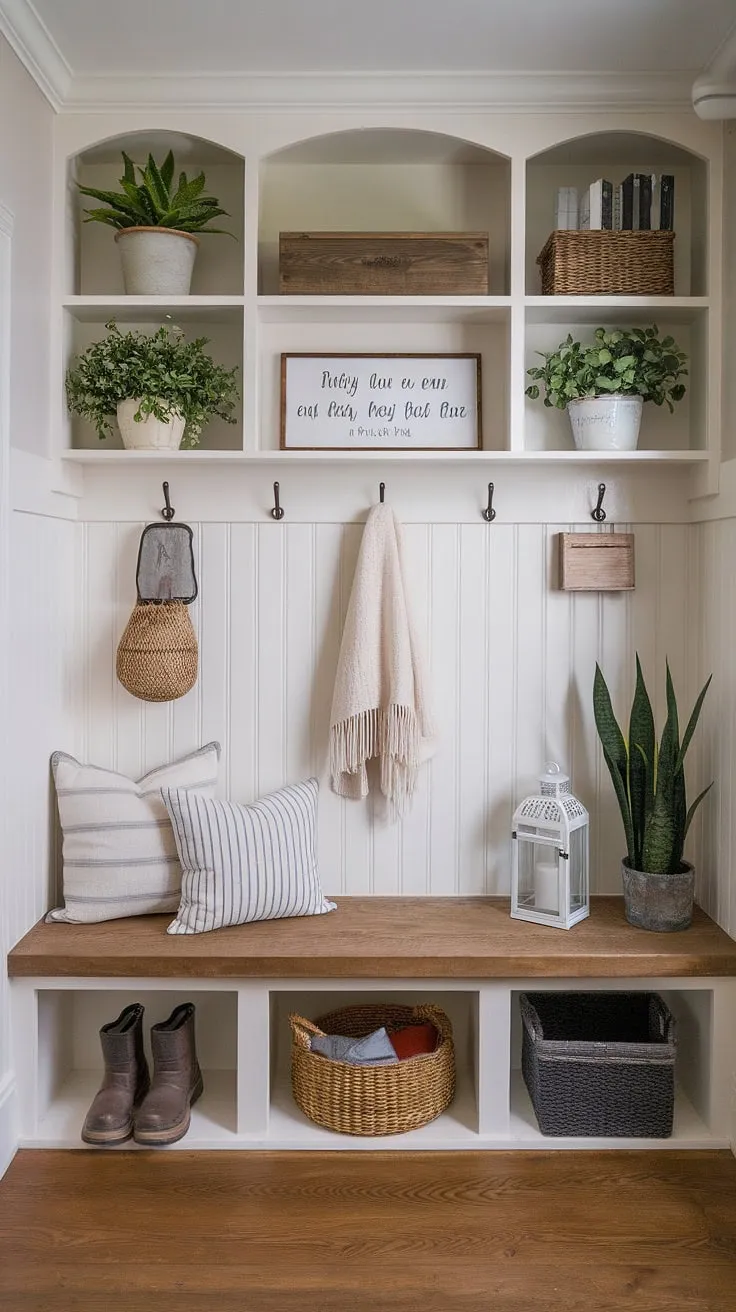Step into a charming blend of French Country and New England charm. This aesthetic entryway design, with its Parisian farmhouse entryway feel, showcases neutral country decor and antique home decor, creating a welcoming cottage entryway that seamlessly transitions between a French inspired foyer and a practical New England mudroom.