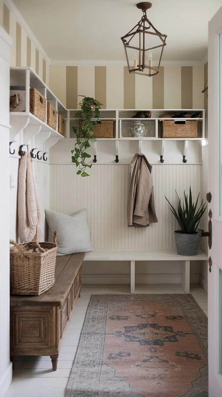 Step into a charming blend of French country and New England charm. This Parisian farmhouse entryway, with its neutral country decor and antique home decor accents, seamlessly combines the rustic elegance of a French country entryway with the practical functionality of a New England mudroom. The aesthetic entryway design features a vintage wooden bench, a cozy rug, and thoughtful cottage entryway decor, creating a welcoming and stylish french inspired foyer.
