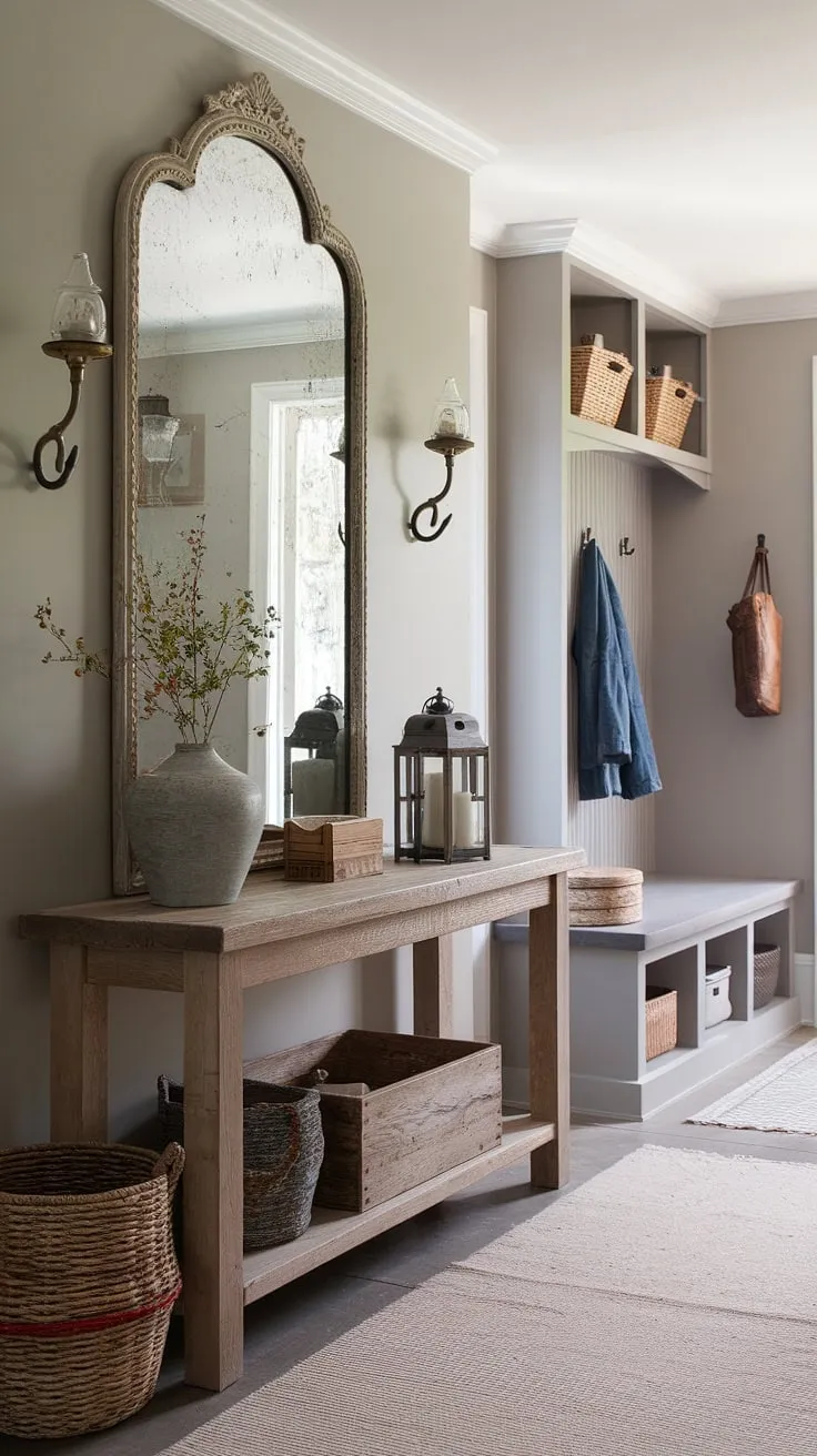 This French country entryway seamlessly merges the rustic warmth of a New England mudroom with the refined elegance of a French-inspired foyer.  Antique home decor, including a large mirror and rustic console table, anchors the space, creating a welcoming cottage entryway decor within a sophisticated Parisian farmhouse entryway. The neutral country decor and thoughtful aesthetic entryway design make this space truly inviting.
