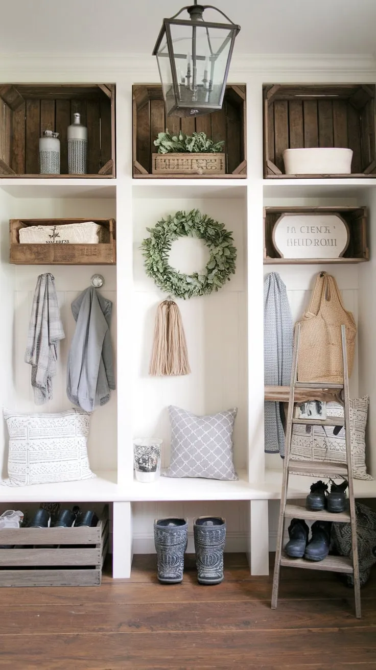 Step into a charming blend of French Country and New England charm. This aesthetic entryway design, echoing a Parisian farmhouse entryway, showcases neutral country decor and antique home decor, creating a welcoming cottage entryway feel that seamlessly transitions from a French-inspired foyer to a practical New England mudroom.