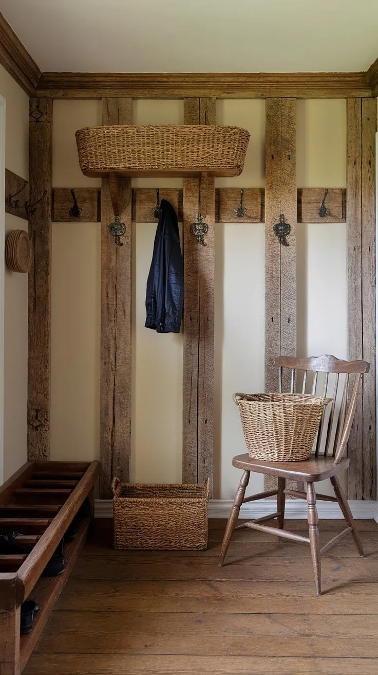 Step into a charming blend of French Country and New England styles. This aesthetic entryway design, with its Parisian farmhouse entryway feel, showcases neutral country decor and antique home decor, creating a welcoming cottage entryway that's both refined and rustic.  The space effortlessly transitions from a French inspired foyer to a practical New England mudroom.