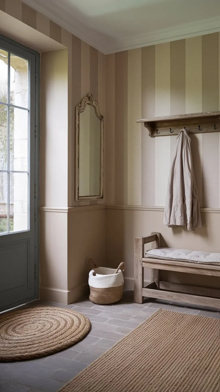 This aesthetic entryway design effortlessly blends French country and New England mudroom styles.  The neutral country decor, highlighted by antique home decor, creates a serene and inviting Parisian farmhouse entryway.  This cottage entryway decor is the perfect example of a charming and functional space.