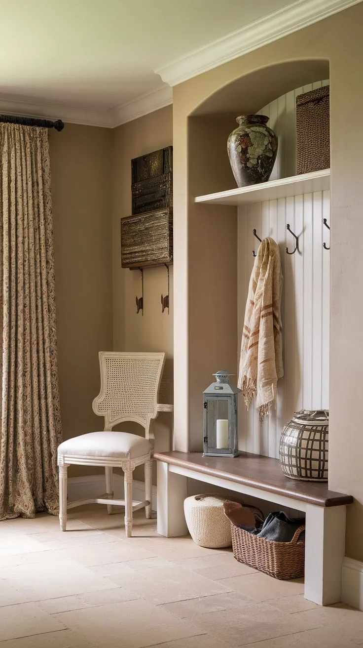 A dreamy fusion of French Country and New England charm. This aesthetic entryway design boasts a Parisian farmhouse entryway feel, incorporating neutral country decor and antique home decor for a truly captivating cottage entryway.  The space seamlessly blends the elegance of a French inspired foyer with the practicality of a New England mudroom.