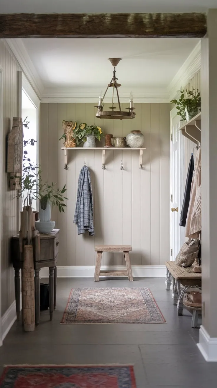 This aesthetic entryway design effortlessly unites the charm of a French country entryway with the practicality of a New England mudroom.  The French-inspired foyer, highlighted by a rustic chandelier and antique furniture, showcases a neutral country decor scheme.  This Parisian farmhouse entryway, complete with cottage entryway decor and thoughtful details, offers a welcoming and functional space, blending antique home decor with modern convenience.