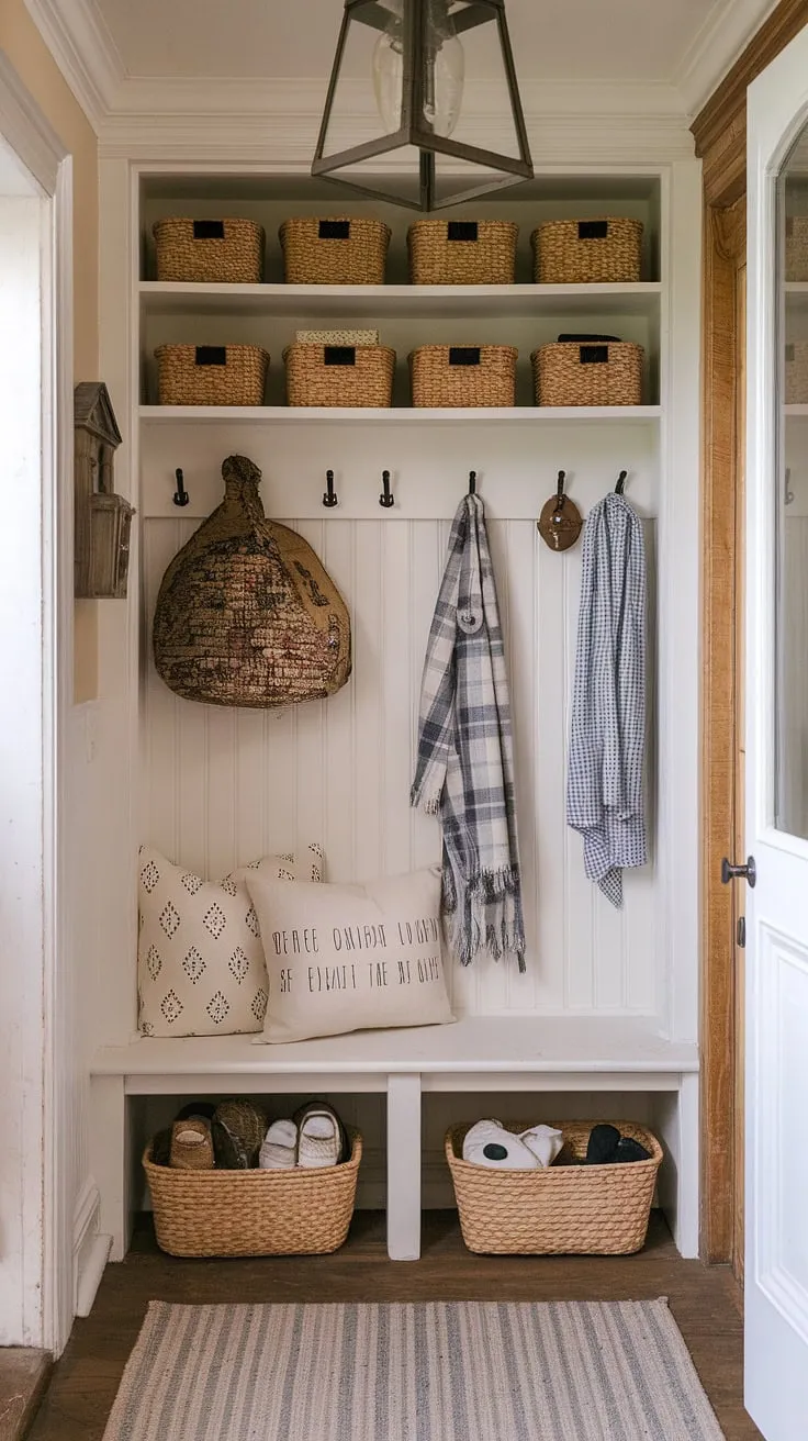 The perfect fusion of French Country elegance and New England practicality. This aesthetic entryway design boasts a Parisian farmhouse entryway feel, with neutral country decor and antique home decor adding character to the cottage entryway.  The space effortlessly blends the charm of a French inspired foyer with the functionality of a New England mudroom.