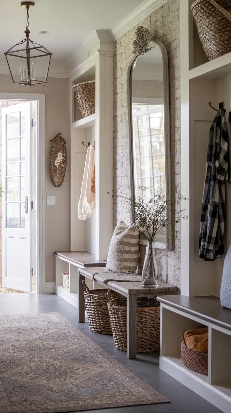 Where French country charm meets New England practicality. This Parisian farmhouse entryway, with its neutral country decor and antique home decor, offers a welcoming aesthetic entryway design. The blend of a French-inspired foyer and a cozy New England mudroom creates the perfect cottage entryway decor.