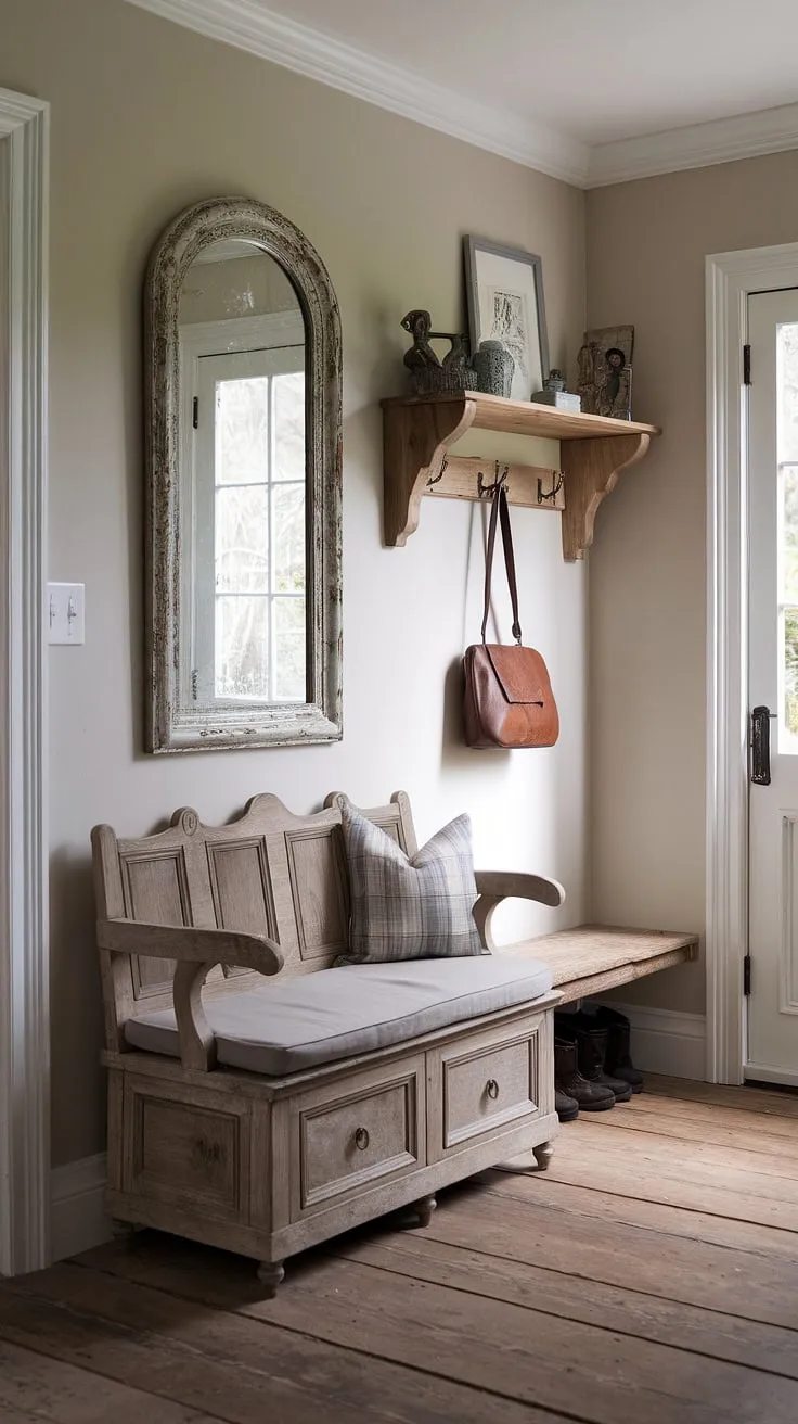Step into a blend of French Country charm and New England practicality. This aesthetic entryway design, a charming fusion of a Parisian farmhouse entryway and a cozy cottage entryway decor, showcases neutral country decor with antique home decor accents.  The result? A welcoming French inspired foyer that's both stylish and functional, perfect for shedding muddy boots in a New England mudroom or greeting guests in a French country entryway.