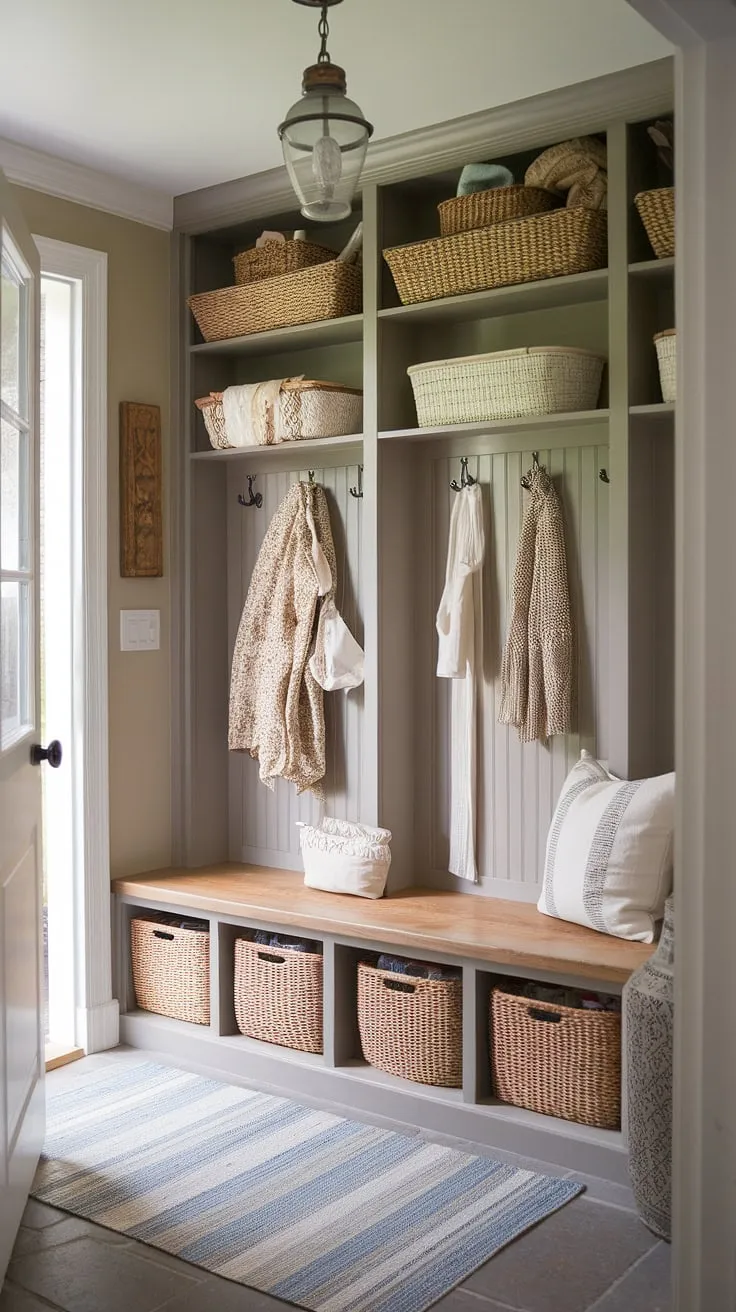 The perfect marriage of French Country and New England styles. This aesthetic entryway design effortlessly combines the elegance of a French inspired foyer with the practicality of a New England mudroom.  Neutral country decor and antique home decor create a captivating cottage entryway, transporting you to a Parisian farmhouse.