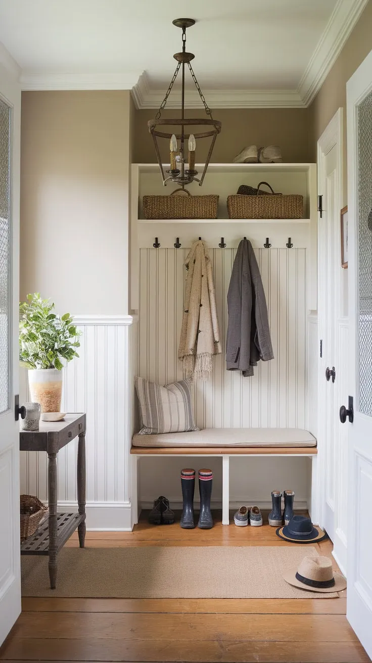 The perfect marriage of French Country elegance and New England practicality. This aesthetic entryway design effortlessly combines a Parisian farmhouse entryway's romantic charm with the functionality of a New England mudroom.  Neutral country decor and antique home decor complete the look, creating a truly captivating French country entryway.