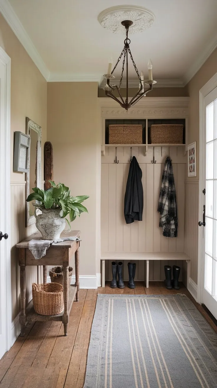 A dreamy fusion of French Country and New England styles defines this captivating entryway.  Antique home decor adds character to the neutral country decor, while the overall aesthetic entryway design evokes the feeling of a Parisian farmhouse entryway or a charming cottage entryway.  The space seamlessly blends the elegance of a French country entryway with the practicality of a New England mudroom.