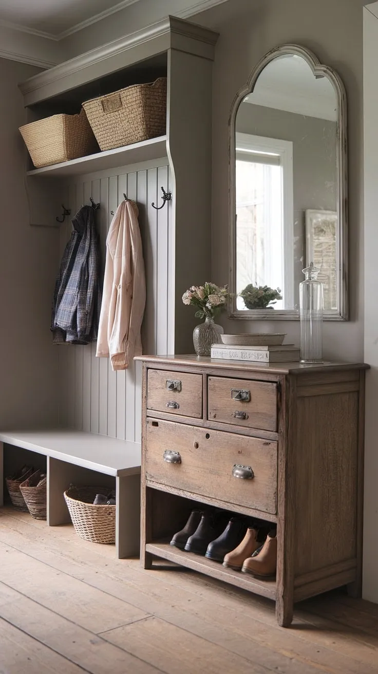 Step into a charming blend of French Country and New England charm. This aesthetic entryway design, a perfect fusion of Parisian farmhouse and cottage entryway decor, welcomes you with its neutral country decor and antique home decor accents.  The space effortlessly transitions from a French-inspired foyer to a practical New England mudroom, creating a truly unique and inviting entrance.