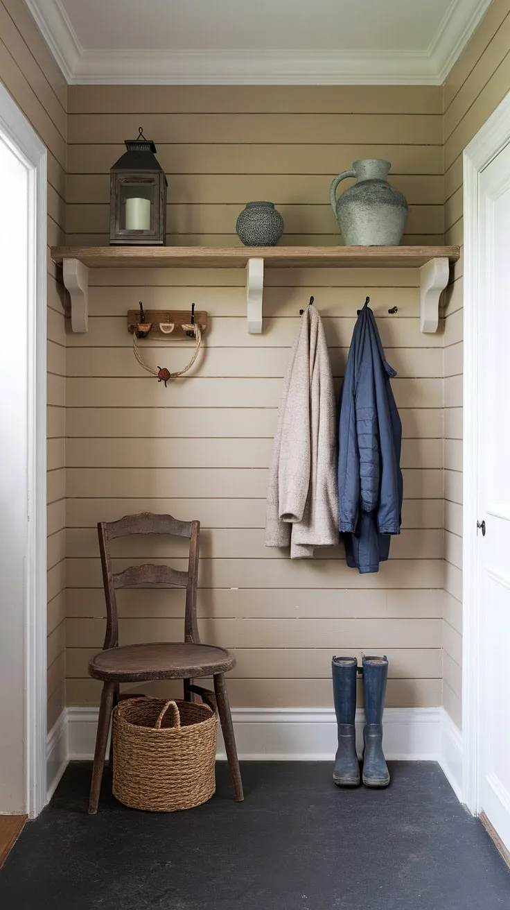 Step into a charming blend of French Country and New England charm. This aesthetic entryway design, reminiscent of a Parisian farmhouse entryway, boasts neutral country decor and antique home decor, creating a welcoming cottage entryway feel that seamlessly transitions from a French inspired foyer to a practical New England mudroom.