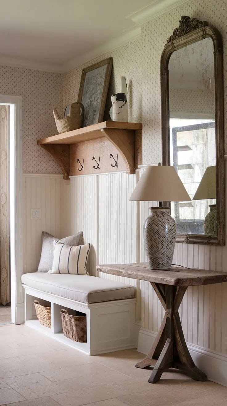 Step into a charming blend of French Country and New England charm. This aesthetic entryway design, reminiscent of a Parisian farmhouse entryway, showcases neutral country decor and antique home decor, creating a welcoming cottage entryway feel that seamlessly transitions from a French inspired foyer to a practical New England mudroom.