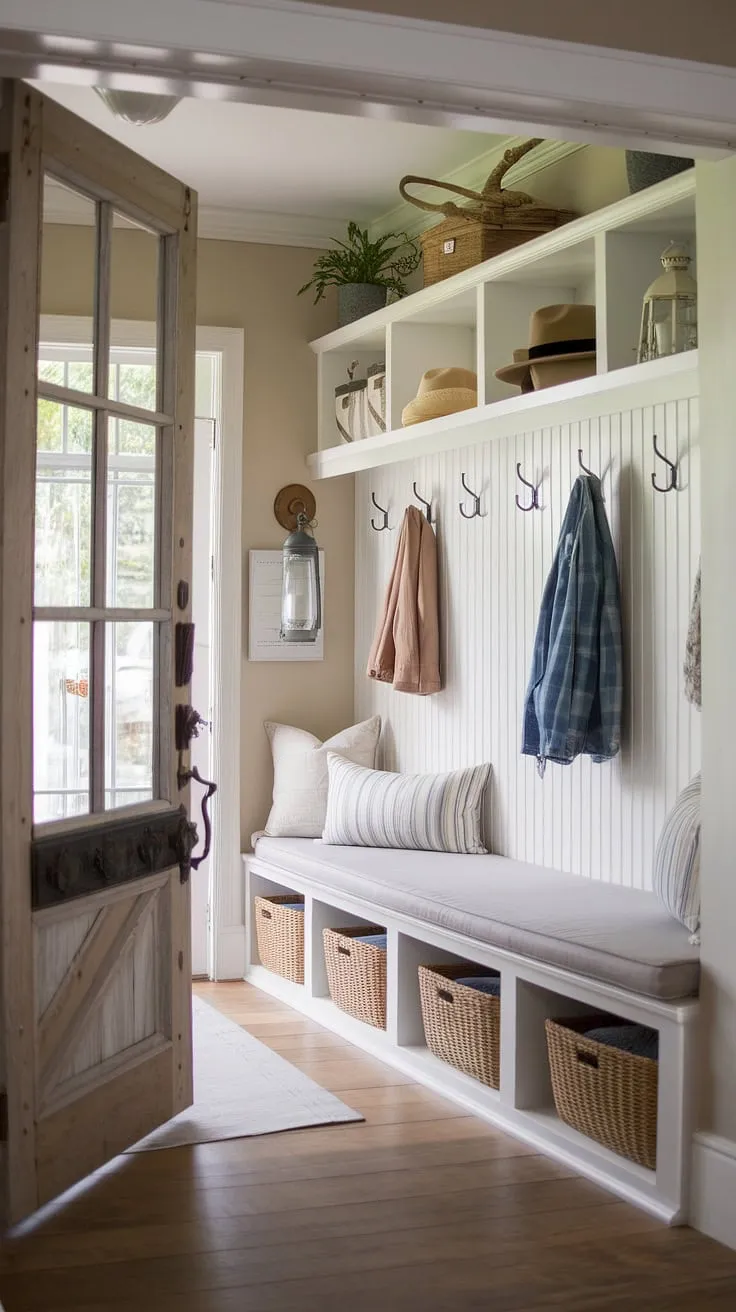 A serene and functional space where French country entryway elegance meets New England mudroom practicality. This aesthetic entryway design seamlessly blends a rustic French-inspired foyer with cottage entryway decor, showcasing neutral country decor and antique home decor elements. The result? A Parisian farmhouse entryway that's both stylish and inviting.