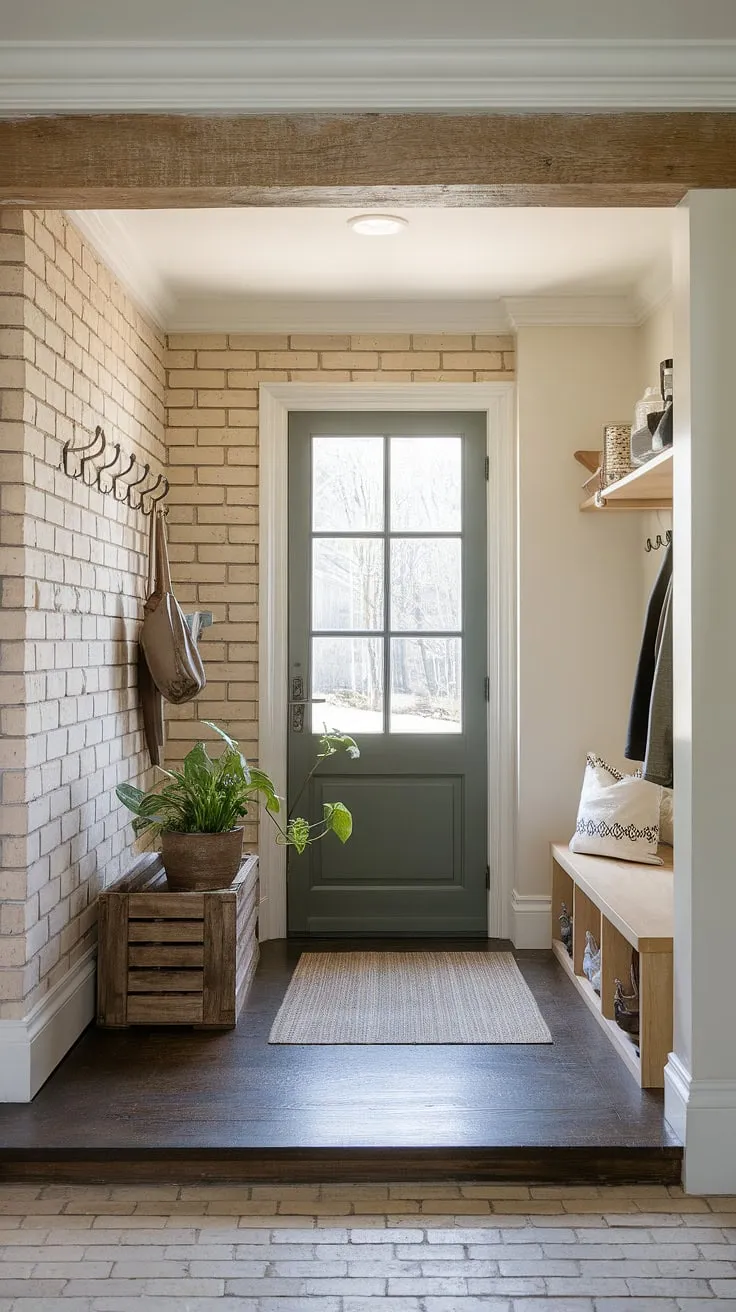The perfect fusion of French Country elegance and New England practicality. This aesthetic entryway design effortlessly blends Parisian farmhouse entryway charm with neutral country decor and antique home decor, transforming a simple cottage entryway into a captivating French inspired foyer and a functional New England mudroom.