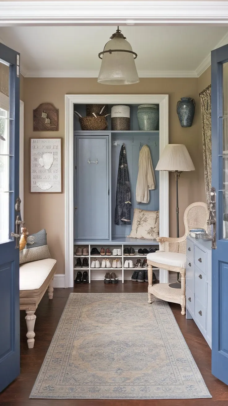 Step into a charming blend of French Country and New England charm. This aesthetic entryway design, echoing a Parisian farmhouse entryway, showcases neutral country decor and antique home decor, creating a welcoming cottage entryway feel that seamlessly transitions from a French inspired foyer to a practical New England mudroom.