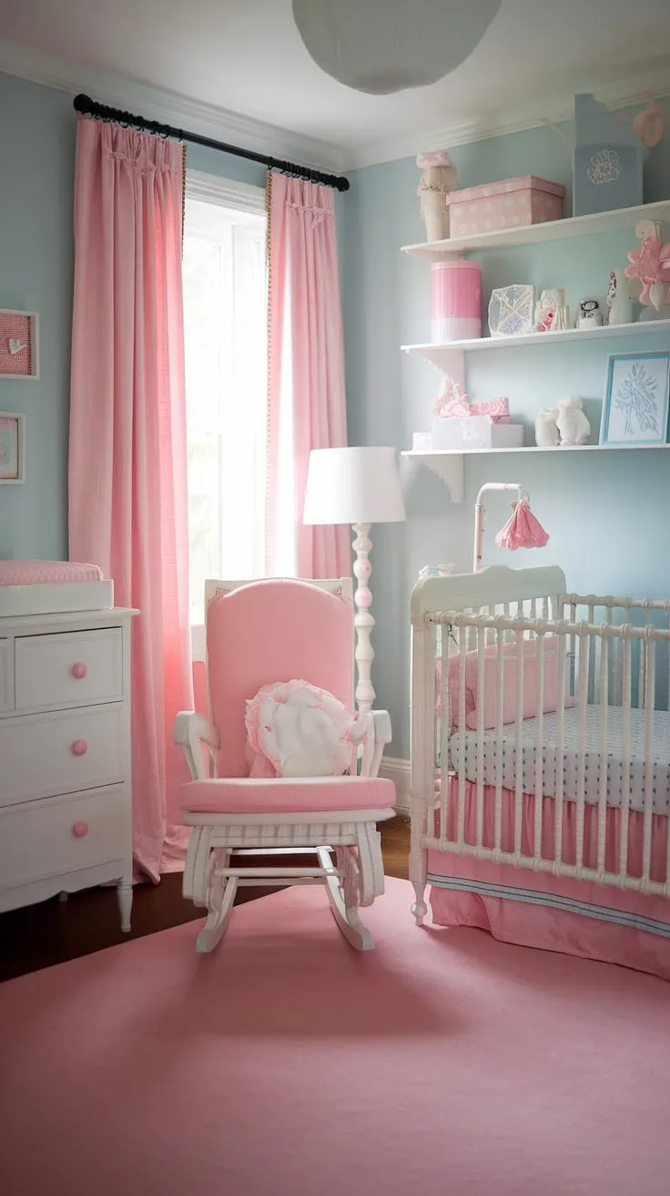 Sweet dreams are made of this!  This French country nursery is the perfect blend of elegance and charm, overflowing with baby girl nursery ideas.  From the delicate pink accents to the thoughtful nursery organization, every detail inspires a serene and stylish space for your little one.  Find more baby nursery inspiration for girls and girl nursery themes in this dreamy baby girl's room.
