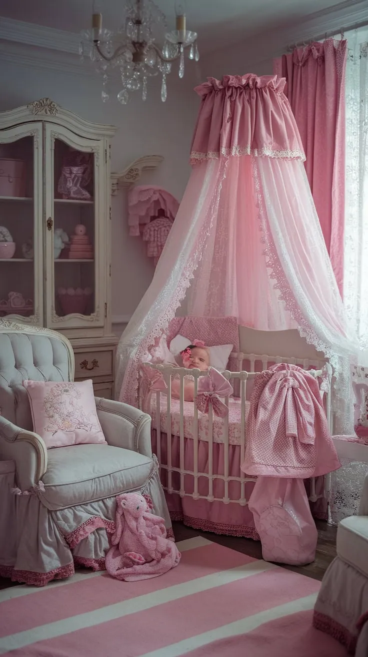 This exquisitely styled French country nursery is the epitome of baby girl's room design.  The pink and grey color palette, combined with vintage furniture and thoughtful nursery organization, creates a truly enchanting space.  Find inspiration for your own girly nursery, exploring girl nursery ideas and baby room themes within this beautiful setting.  Perfect for those seeking baby girl nursery ideas and nursery inspiration for girls.