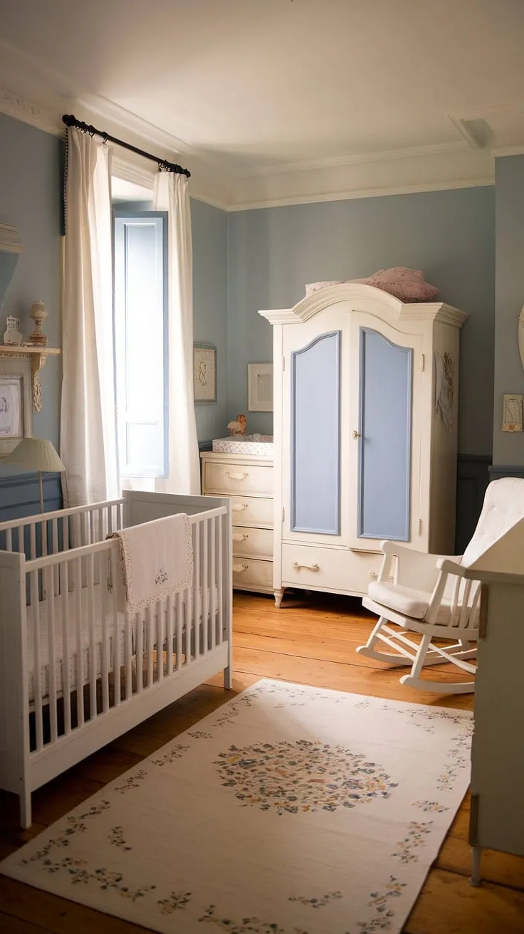 Create a serene and stylish French country nursery for your little one. This baby girl's room showcases beautiful girl nursery ideas, perfect for nursery inspiration for girls.  Explore the delightful blend of girly nursery themes and practical nursery organization in this space.