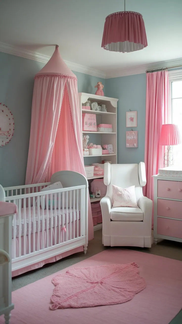 This girly nursery is the epitome of French country charm.  Explore these baby girl nursery ideas, featuring a delightful blend of pink accents and calming light blue walls.  From the elegant rocking chair to the perfectly organized changing table, this baby room themes showcase clever nursery organization.  Get inspired by this baby nursery inspiration for girls and discover your own perfect girl nursery themes for a truly enchanting baby girl's room.