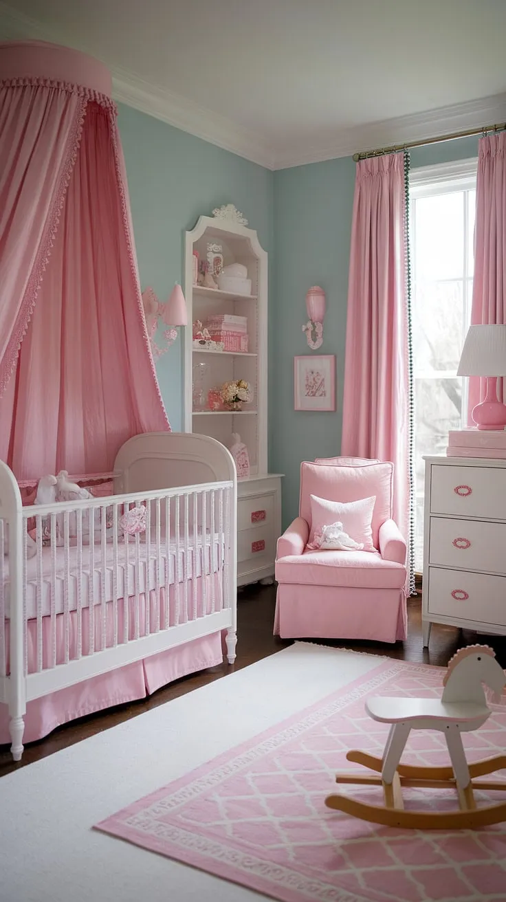 Step into this dreamy French country nursery, a haven of delicate pinks and soft blues, perfect for your little girl.  This baby girl's room showcases charming girl nursery themes, offering baby nursery inspiration and practical nursery organization ideas.  Find more baby girl nursery ideas and girl nursery ideas for creating your own sweet escape.