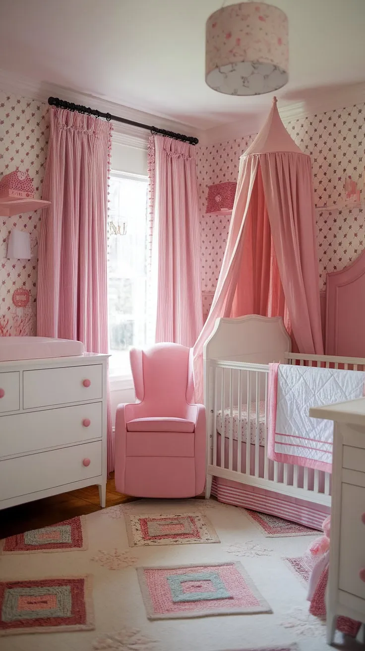 Discover the perfect blend of elegance and practicality in this French country nursery.  Find inspiration for your own baby girl nursery ideas, exploring charming girl nursery themes and baby room themes.  This baby room showcases clever nursery organization and provides abundant nursery inspiration for girls.