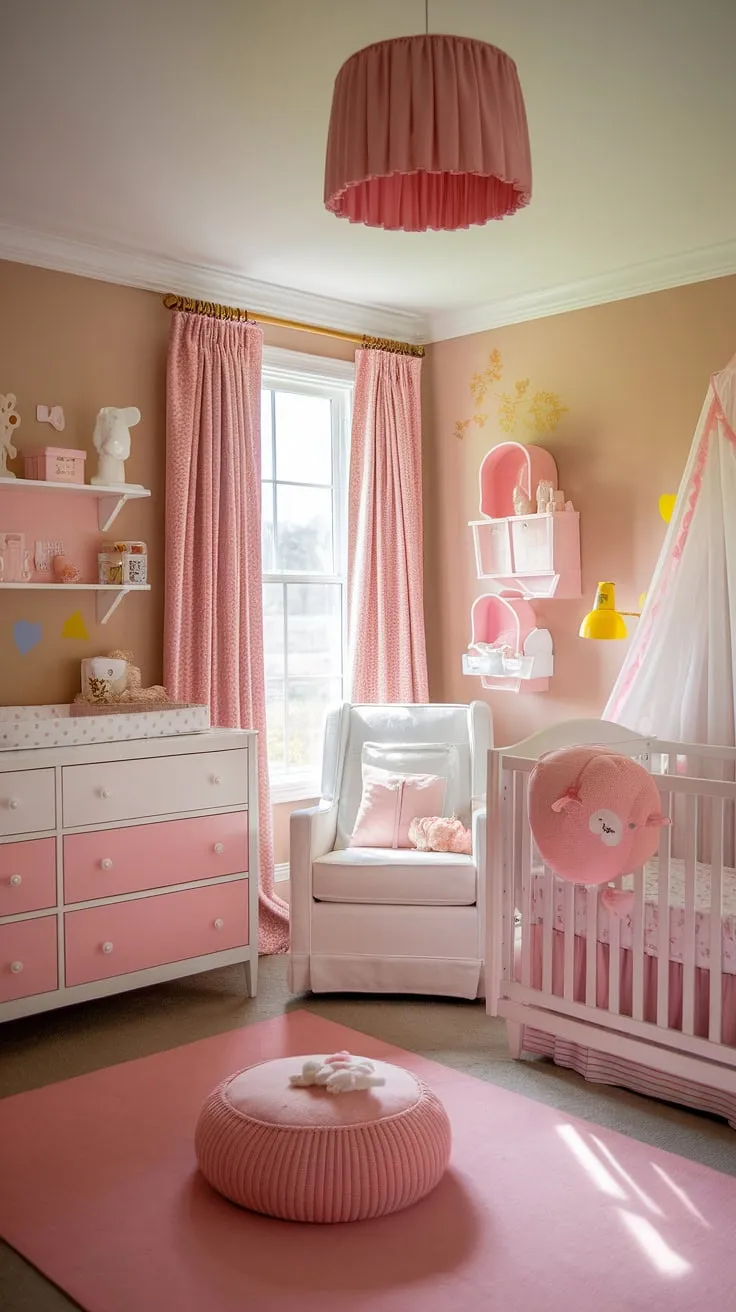 A touch of French country charm for your little one's room. This girly nursery is bursting with baby girl's room inspiration, showcasing clever girl nursery ideas and nursery organization. The soft pink and yellow palette creates a serene atmosphere, perfect for a peaceful slumber. Explore these baby nursery inspiration ideas for your own baby girl nursery and discover the perfect blend of style and functionality in girl nursery themes.