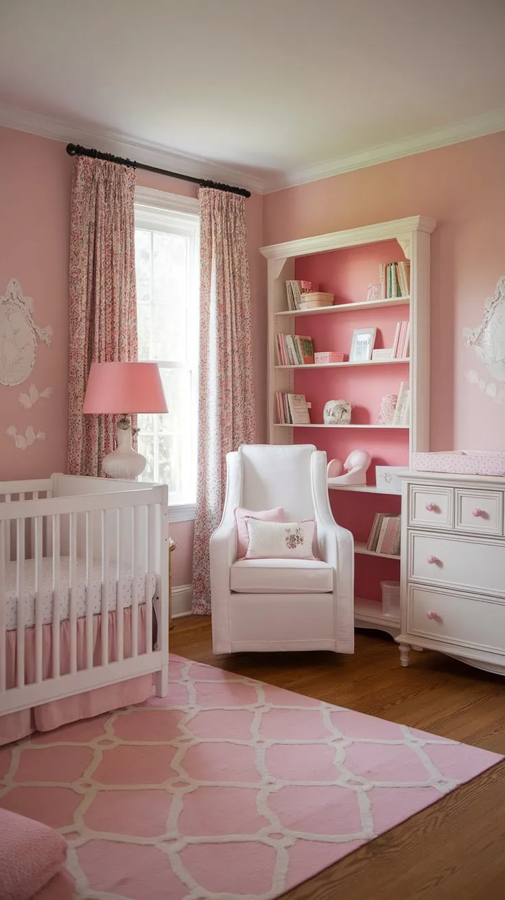 This dreamy French country nursery is the epitome of baby room themes done right.  From the delicate pink accents to the thoughtful nursery organization, every detail speaks to a carefully curated girly nursery.  Find endless baby girl nursery ideas and nursery inspiration for girls in this beautiful baby girl's room, a testament to elegant and functional design.