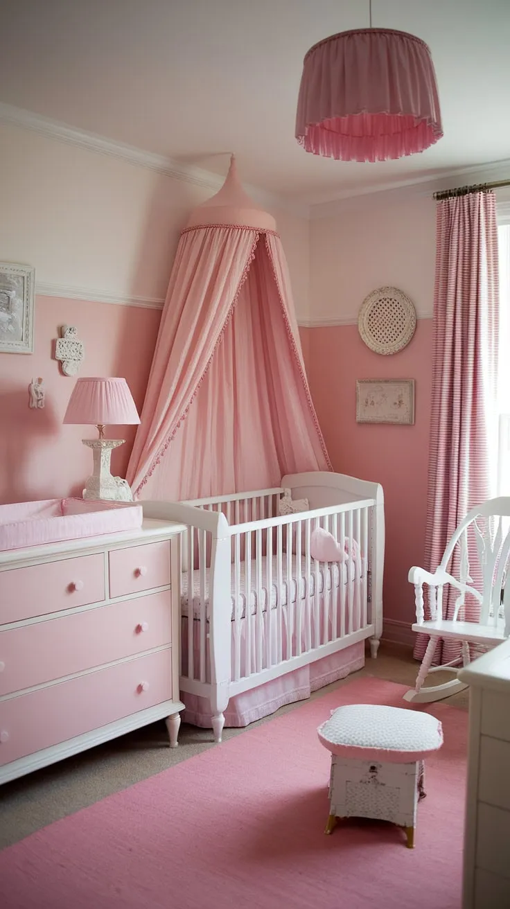 Create a charming French Country nursery for your baby girl. This space showcases delightful girl nursery ideas, offering a blend of style and practical nursery organization.  Explore more baby girl nursery ideas and baby room themes for your nursery inspiration for girls.