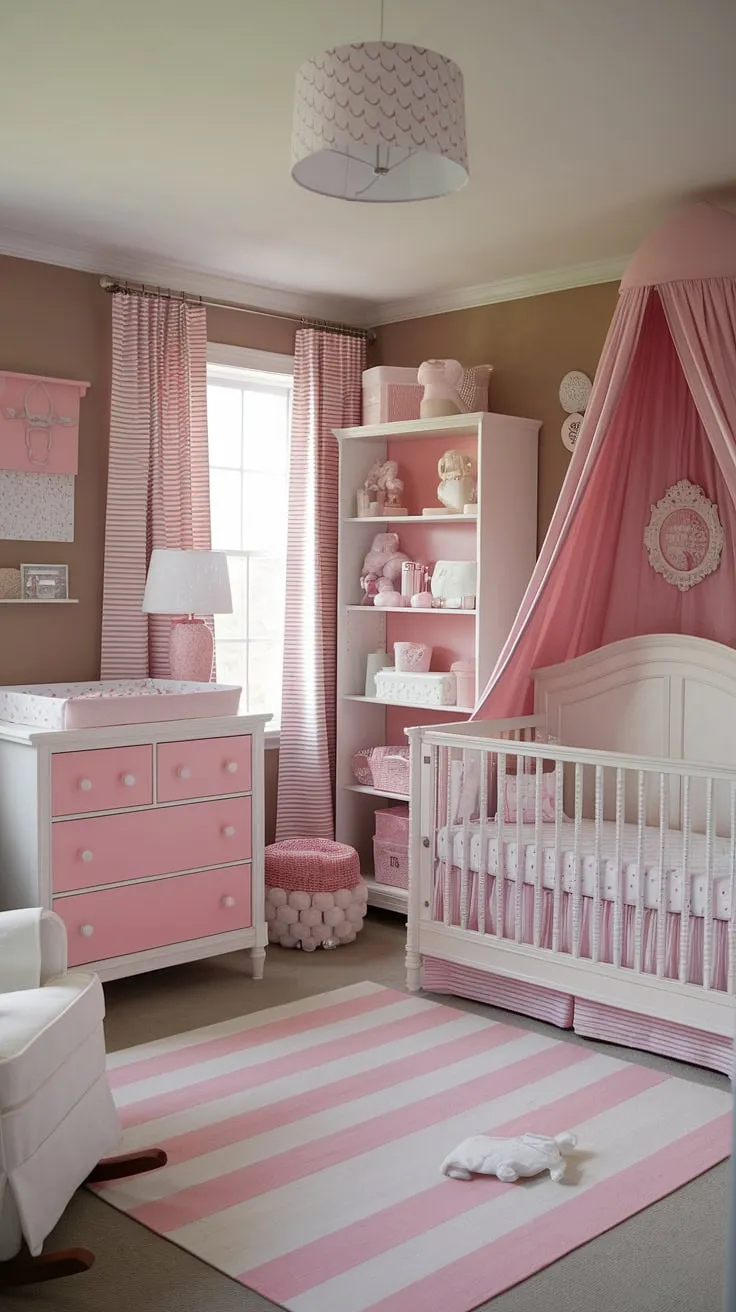 Step into a world of Parisian chic with this dreamy French country nursery.  This girly nursery is bursting with baby girl's room inspiration, featuring delicate pink accents and clever nursery organization.  Explore these girl nursery ideas for a space that's both beautiful and practical, perfect for baby nursery inspiration.  Find your perfect girl nursery themes and create a haven of tranquility for your little one.