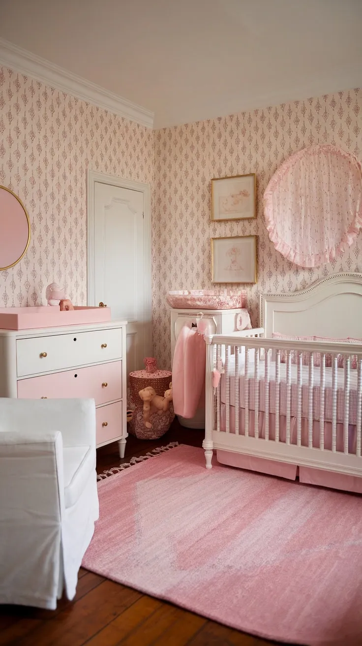 Create a truly enchanting baby girl's room with this French country nursery design.  Find endless girl nursery ideas and nursery inspiration for girls, from the delicate color palette to the thoughtful nursery organization.  Perfect for those seeking baby room themes and girly nursery inspiration.